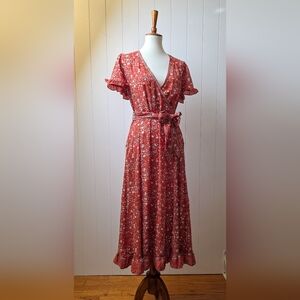 Max Studio Rust Floral Wrap Maxi Dress Size M – Ruffle Hem & Flutter Sleeves
